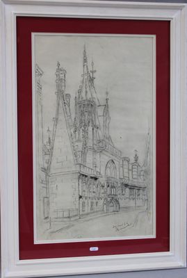 dessin représentant un château avec une tour horloge, dans un cadre rouge