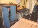 an image of a work area with a blue cabinet and a ladder