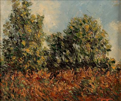 une peinture à l'huile d'un champ avec des arbres en arrière-plan