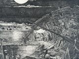 une image représentant un dessin en noir et blanc d'un paysage avec une pleine lune