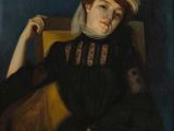 tableau représentant une femme en robe noire et chapeau, assise sur une chaise