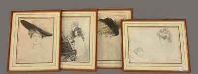 three framed drawings of a woman and a bird on a gray background
