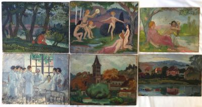 six tableaux représentant des femmes et des hommes dans un parc, avec une église en arrière-plan