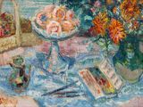un tableau représentant un vase de fleurs et un livre posés sur une table