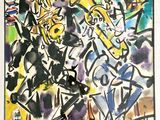 abstract painting of a group of people playing instruments in a room