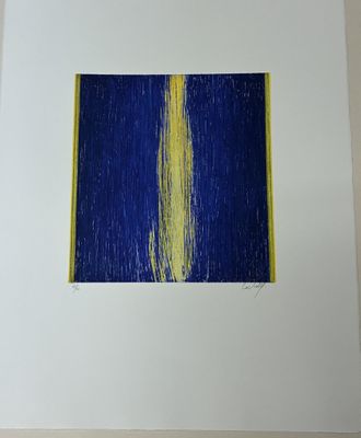 peinture abstraite bleue et jaune sur papier blanc, dans un cadre blanc