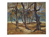 une peinture à l'huile représentant un groupe d'arbres dans un champ