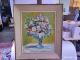 une peinture de fleurs dans un vase sur une table