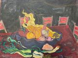 painting of a woman sitting on a table with a plate of food