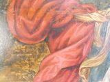 un tableau représentant une femme en robe rouge tenant une épée
