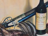 a painting of a gun and a bottle of wine on a table