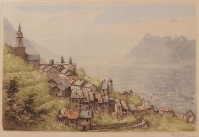 une photo d'un tableau représentant un village sur une colline