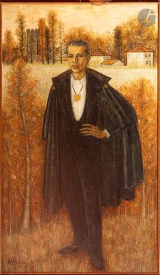 une peinture à l'huile représentant un homme vêtu d'un manteau noir, debout dans un champ