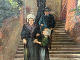 painting of three women and a cat on a set of stairs