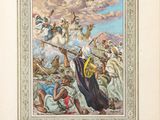 an old book with a painting of a man on a horse and other people