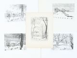 plusieurs dessins représentant des arbres et une clôture dans un paysage enneigé