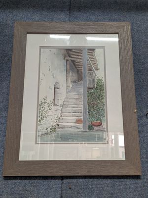 framed picture of a painting of a staircase leading up to a house