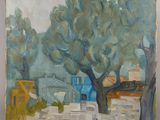 une peinture à l'huile représentant un arbre devant un bâtiment