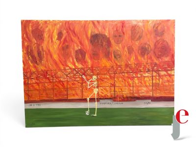tableau représentant un squelette debout devant un feu, un ballon de foot à la main