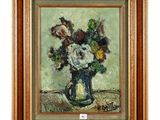 a painting of flowers in a vase on a table