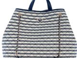 un sac à main rayé bleu et blanc avec une poignée bleue