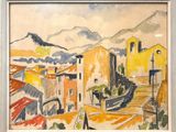 an image of a watercolor painting of a town with a mountain in the background