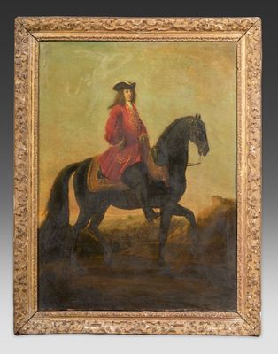 peinture d'une femme à cheval dans une robe rouge