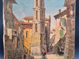 an oil painting of a woman walking down a street with a clock tower in the background