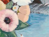 a painting of flowers in a vase on a window sill
