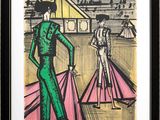 une image représentant un dessin d'une femme en robe verte et d'un homme en costume rose