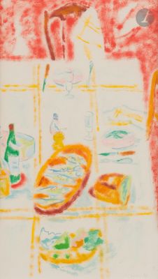 painting of a table with food and drinks on it in a red room