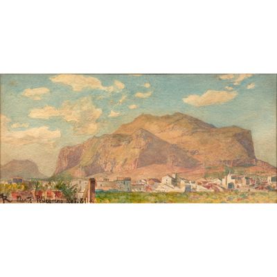 une image représentant une peinture d'une montagne avec une ville en arrière-plan