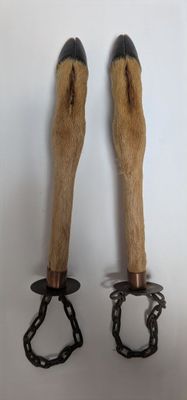 une paire de décapsuleurs en forme de pattes de chien sur fond blanc