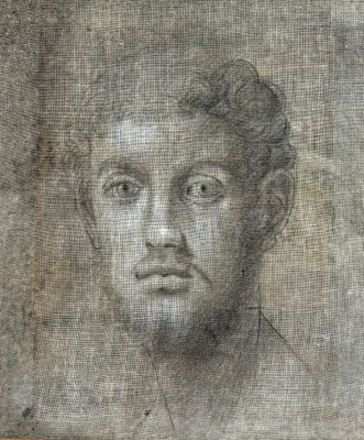 an old drawing of a man ' s face with a messy bunt on his head