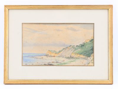 une image représentant une peinture d'une plage avec une falaise en arrière-plan