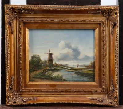 a painting of a landscape with a windmill and a river in the foreground