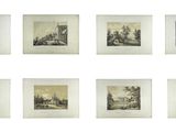 six photographies encadrées représentant une ville avec une tour horloge en arrière-plan