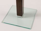 a glass table with a wooden base on a white surface
