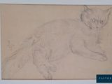 dessin représentant un chat assis sur ses pattes arrière devant un fond blanc