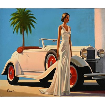 un tableau représentant une femme debout devant une voiture ancienne