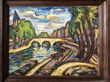 an oil painting of a bridge over a river surrounded by trees