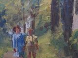 a painting of two children walking down a path