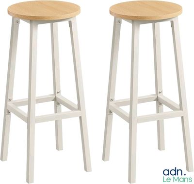 two white stools with wooden seat and legs on a white background