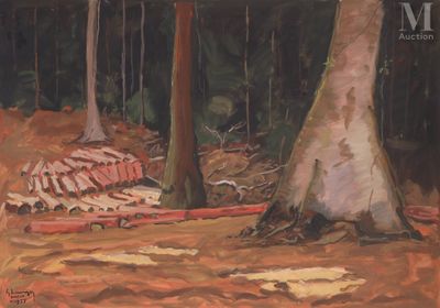 un tableau représentant une forêt avec un animal mort au premier plan