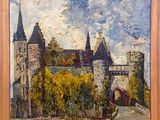 tableau représentant un château avec des arbres au premier plan