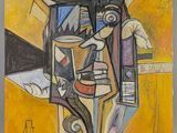 an abstract painting of a man in a hat and a woman in a dress