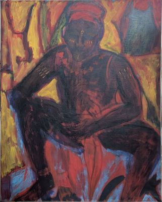 an oil painting of a man sitting on a chair in a room