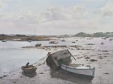a painting of a boat on the shore of a body of water