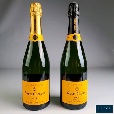 two bottles of champagne sitting next to each other on a table