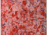 a painting with red and blue paint on a white background